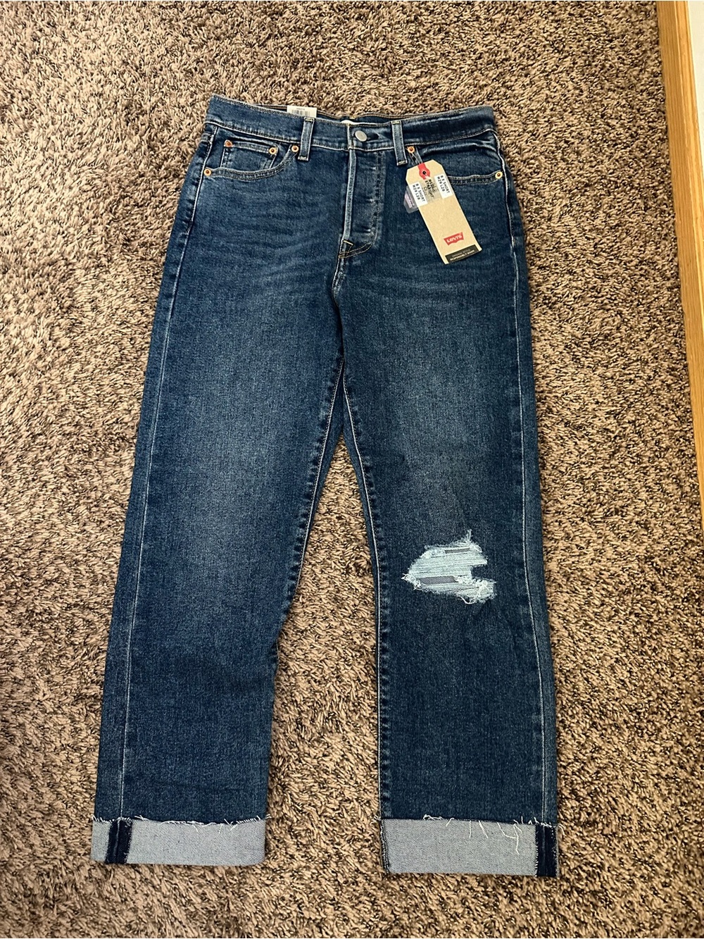 Levi's Women's Dark Indigo Wedgie Straight-Leg Jeans with Distressed Knee